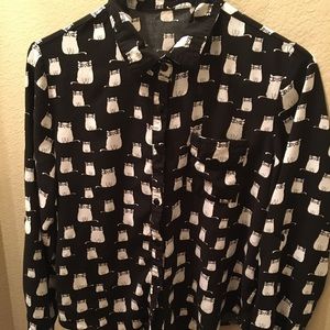 Dress Blouse Black White Cat Long Sleeve